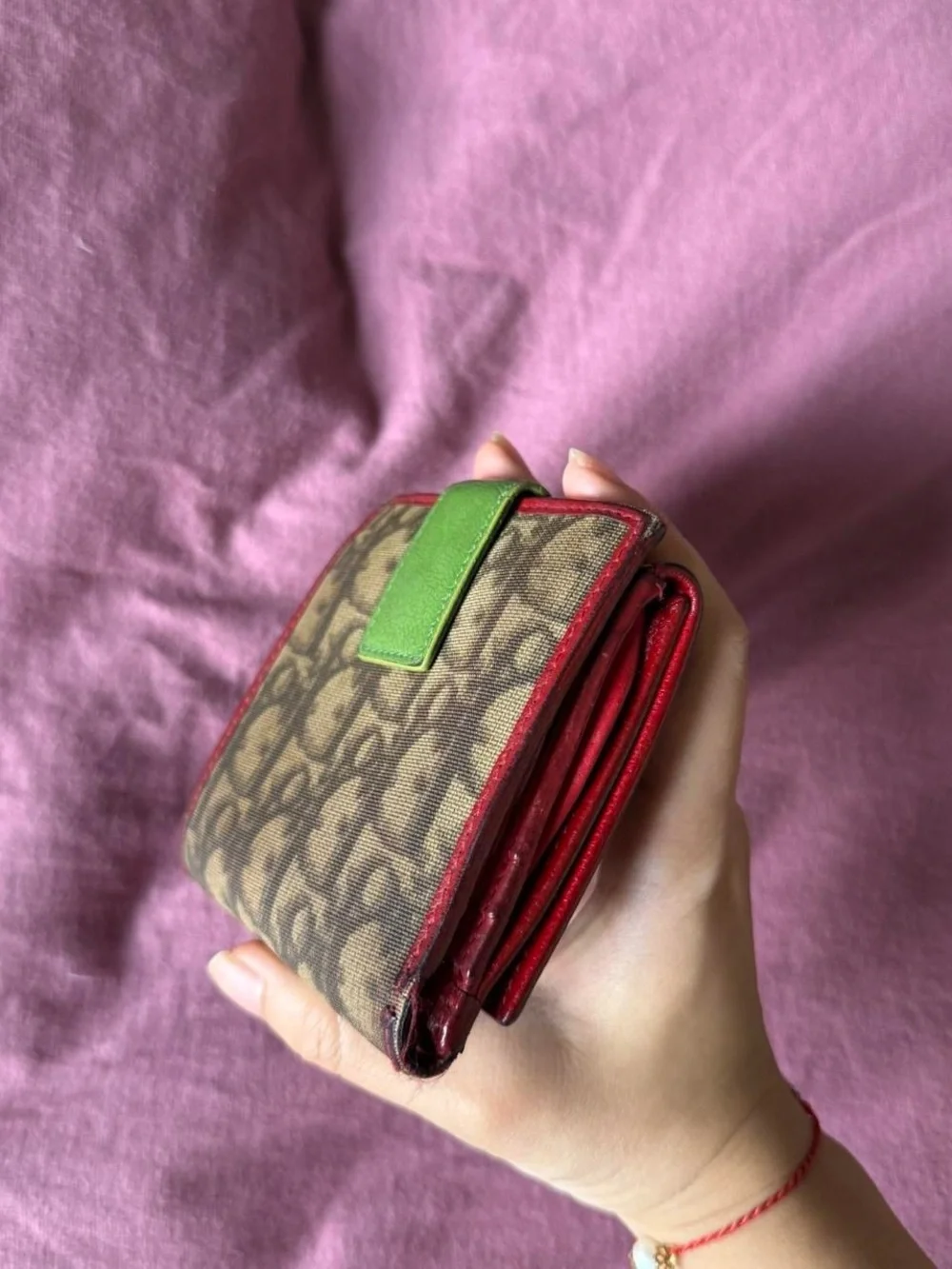 Dior Monogram Canvas Wallet with Burgundy Trim and Yellow Patch